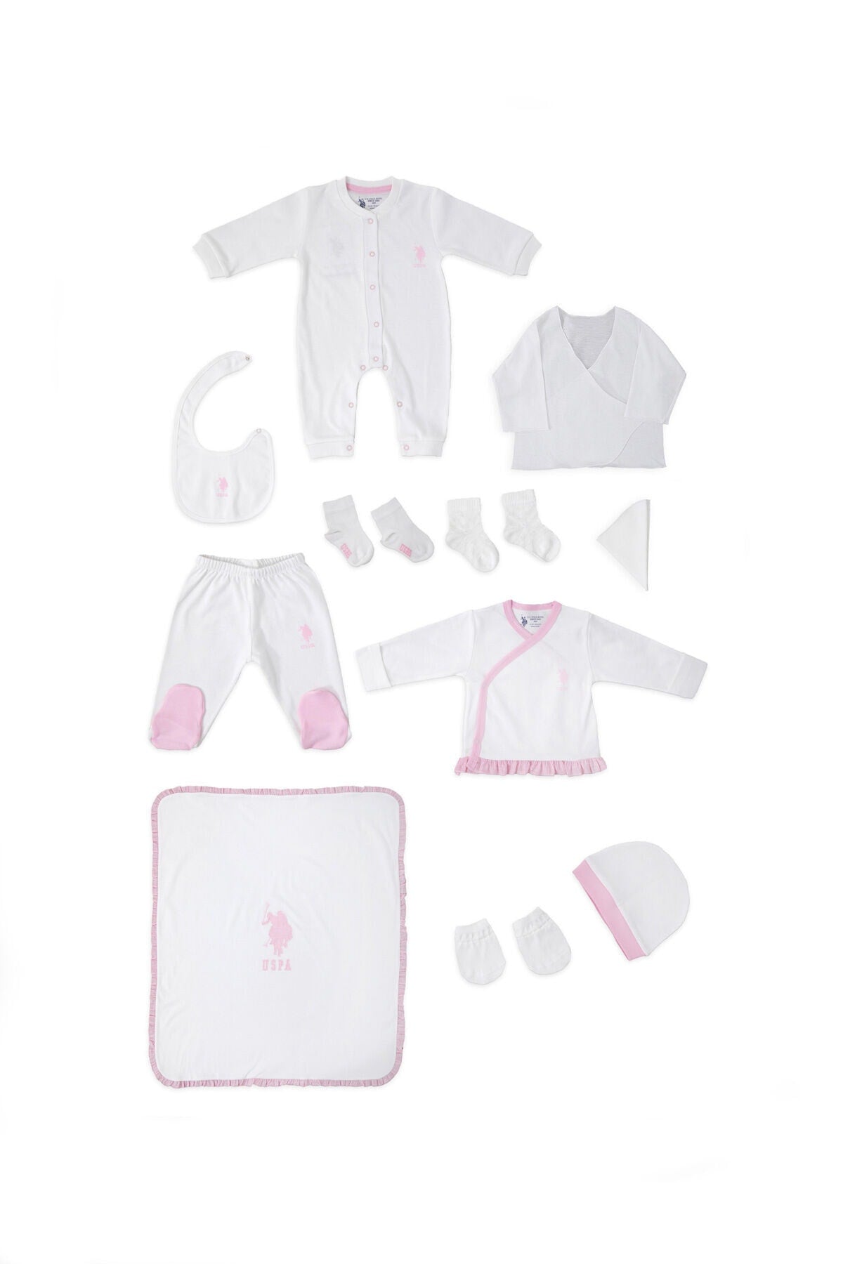 U.S. Polo Assn., Set de imbracaminte de bumbac cu imprimeu logo - 11 piese, Alb, Roz, 56-62 CM