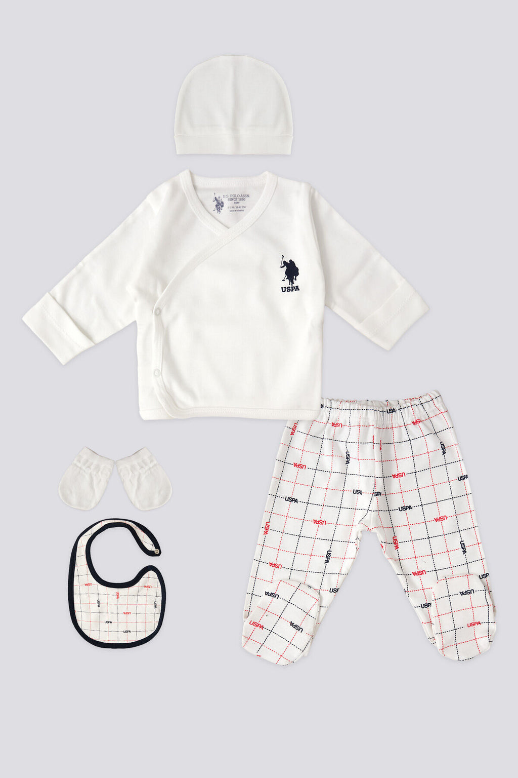 U.S. Polo Assn., Set de imbracaminte de bumbac - 5 piese, Alb, 50-56 CM