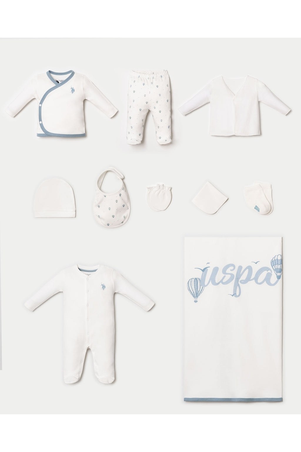 U.S. Polo Assn. Set 10 piese pentru nou nascuti, din bumbac, alb