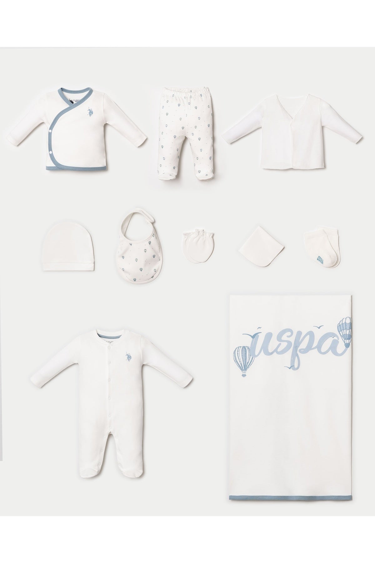 U.S. Polo Assn. Set 10 piese pentru nou nascuti, din bumbac, alb