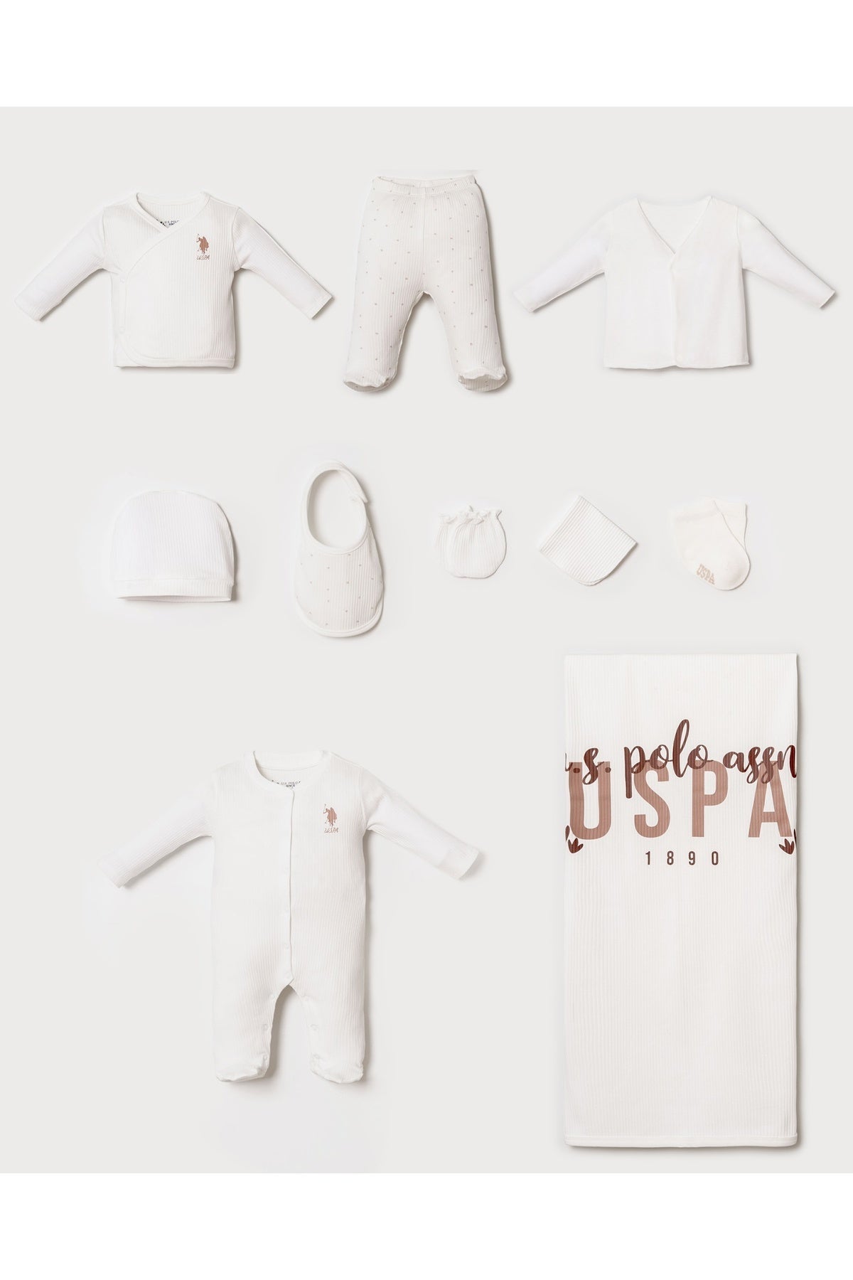 U.S. Polo Assn. Set 10 piese pentru nou nascuti, din bumbac, alb