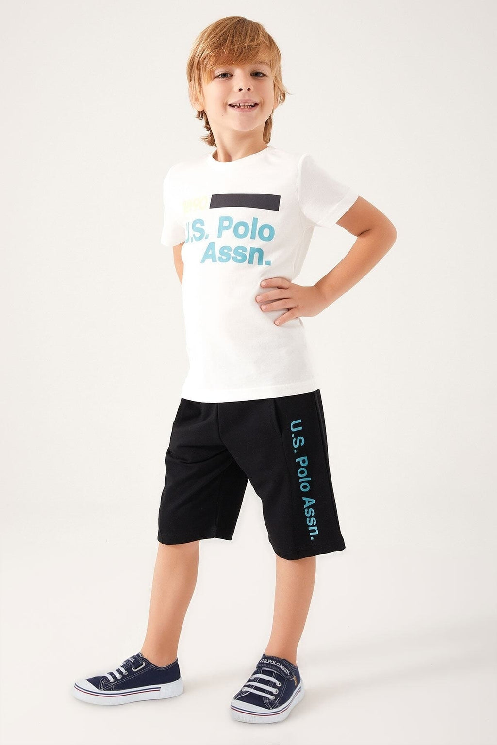 U.S. Polo Assn., Set de tricou cu imprimeu logo si pantaloni scurti, Alb, Albastru ultramarin, 140-146 CM