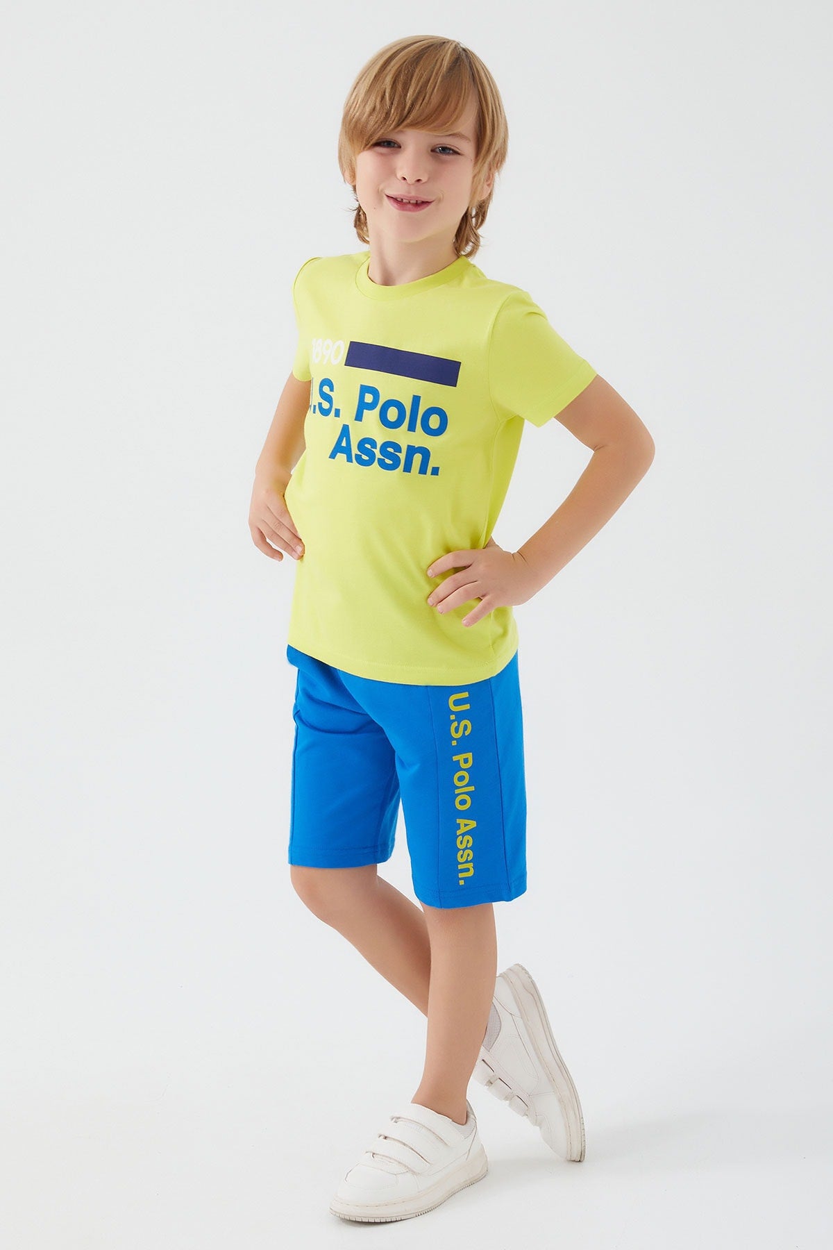 U.S. Polo Assn., Set de tricou cu imprimeu logo si pantaloni scurti, Albastru royal, Verde lime, 164-170 CM