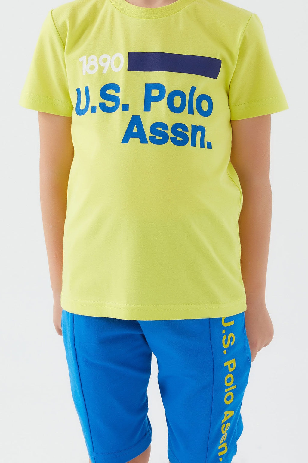 U.S. Polo Assn., Set de tricou cu imprimeu logo si pantaloni scurti, Albastru royal, Verde lime, 164-170 CM