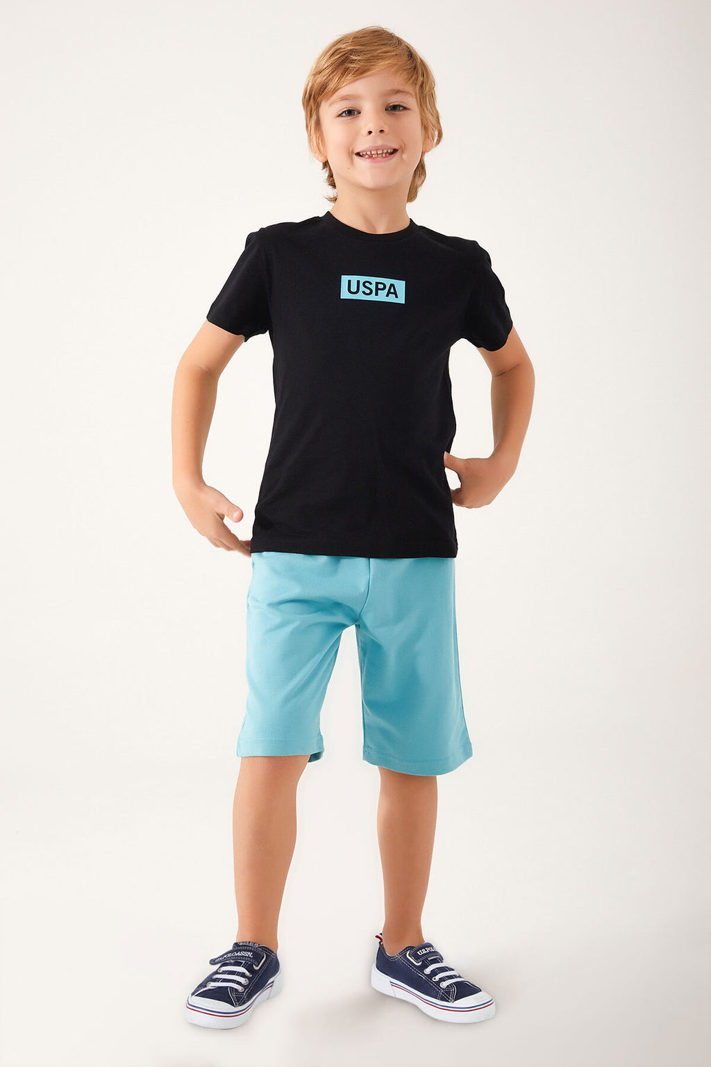 U.S. Polo Assn., Set de tricou de bumbac si pantaloni scurti, Negru, Albastru deschis, 140-146 CM