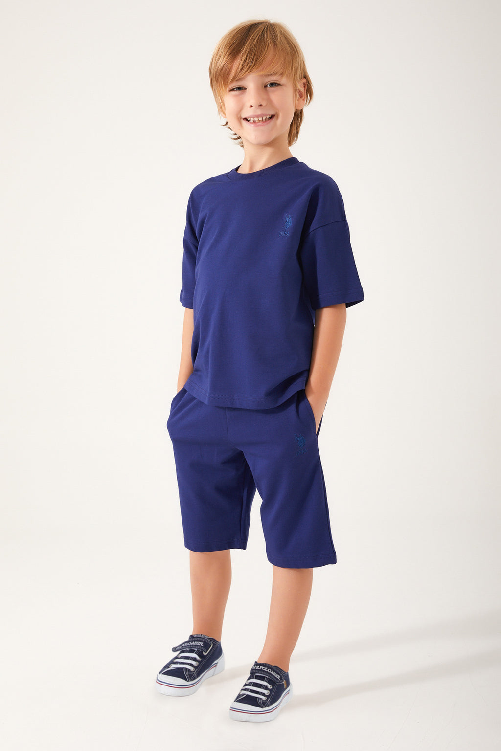 U.S. Polo Assn., Set de pantaloni scurti si tricou uni, Albastru marin, 140-146 CM