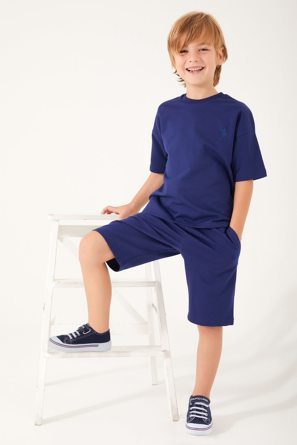 U.S. Polo Assn., Set de pantaloni scurti si tricou uni, Albastru marin, 140-146 CM