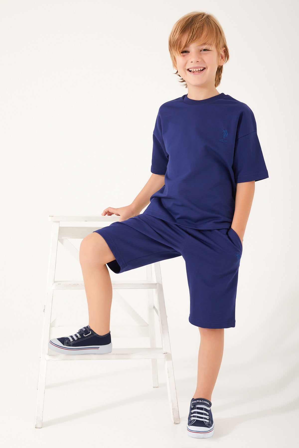 U.S. Polo Assn., Set de pantaloni scurti si tricou uni, Albastru marin, 140-146 CM