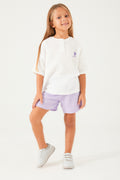 U.S. Polo Assn., Set de tricou cu maneci cazute si pantaloni scurti - 2 piese, Alb, Lila, 116-122 CM
