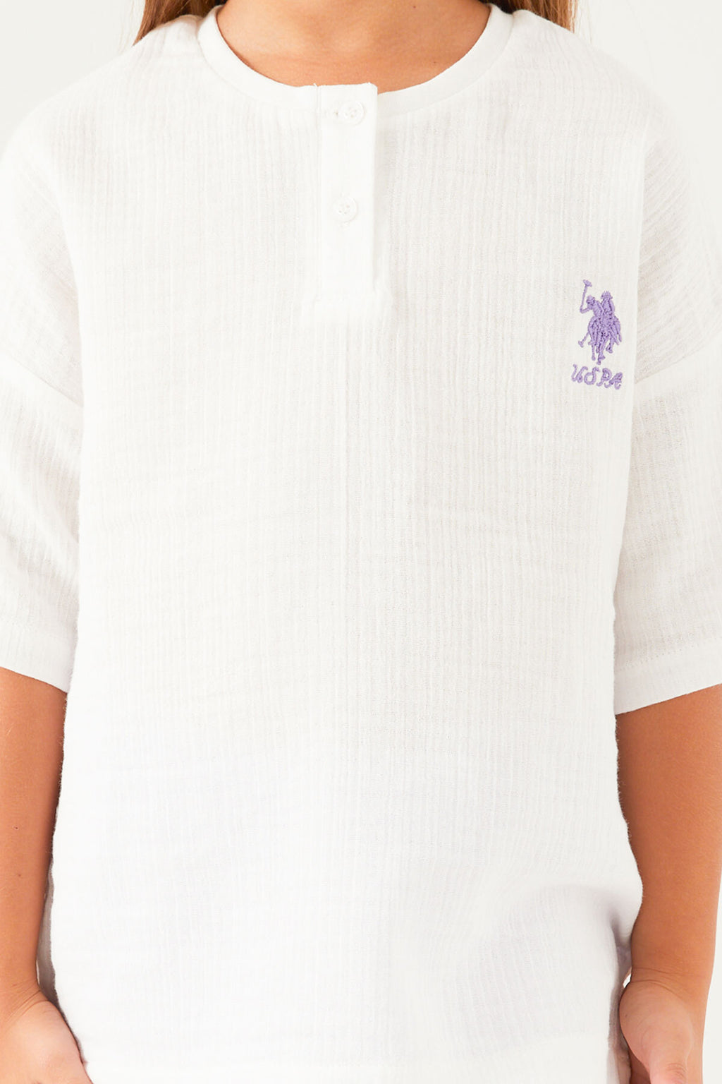U.S. Polo Assn., Set de tricou cu maneci cazute si pantaloni scurti - 2 piese, Alb, Lila, 116-122 CM