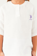 U.S. Polo Assn., Set de tricou cu maneci cazute si pantaloni scurti - 2 piese, Alb, Lila, 116-122 CM