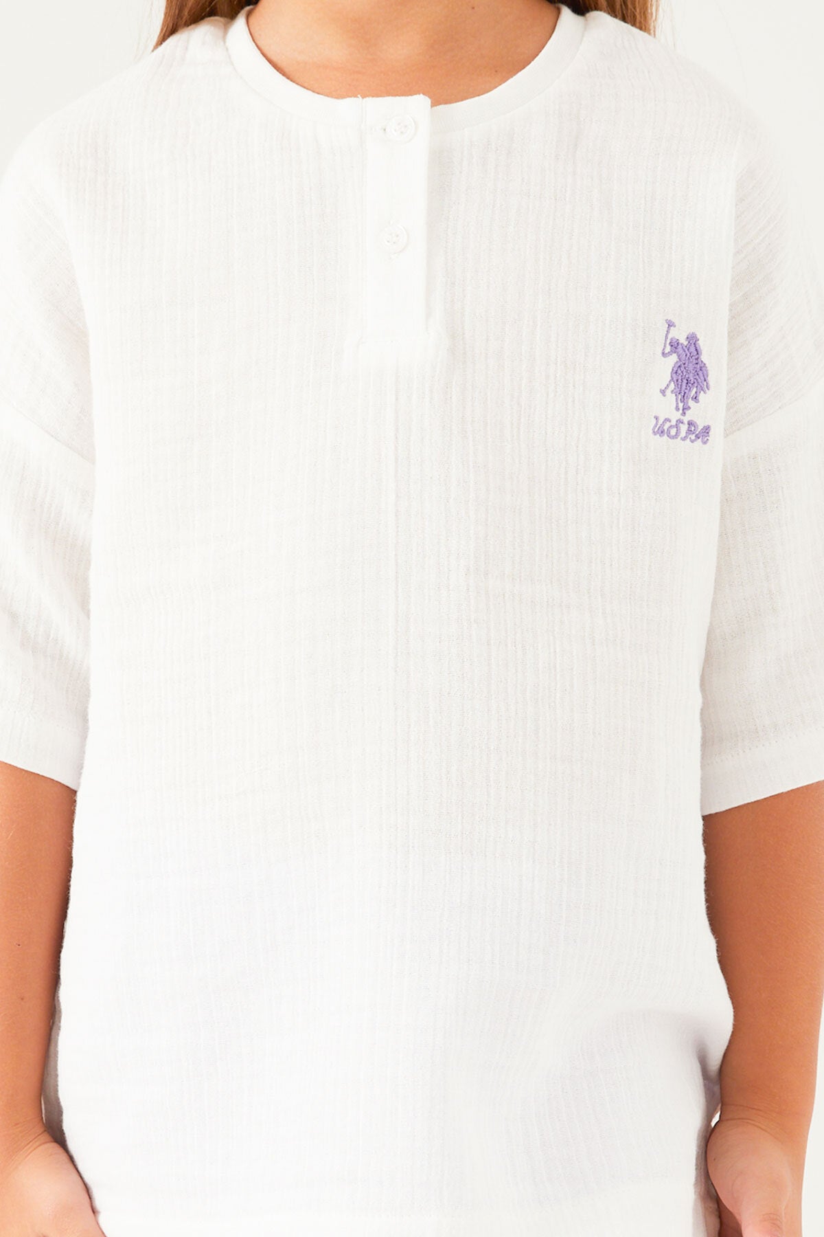 U.S. Polo Assn., Set de tricou cu maneci cazute si pantaloni scurti - 2 piese, Alb, Lila, 116-122 CM