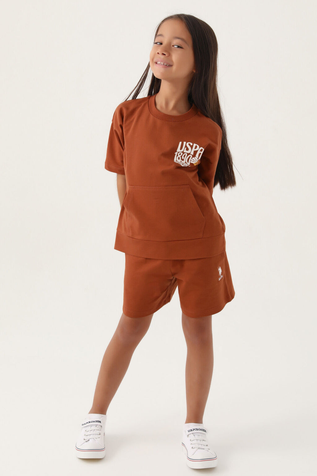 U.S. Polo Assn., Set de tricou cu imprimeu si pantaloni scurti, Maro, 164-170 CM