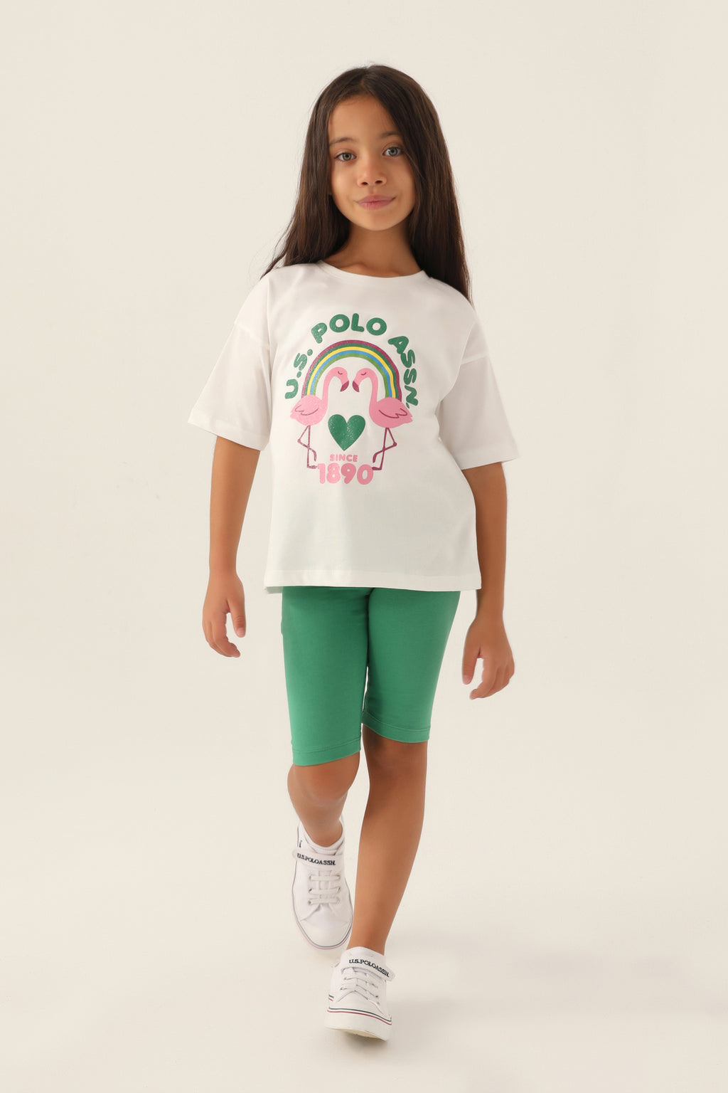 U.S. Polo Assn., Set de colanti scurti si tricou cu imprimeu, Verde, Alb, Roz, 164-170 CM