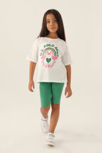U.S. Polo Assn., Set de colanti scurti si tricou cu imprimeu, Verde, Alb, Roz, 164-170 CM