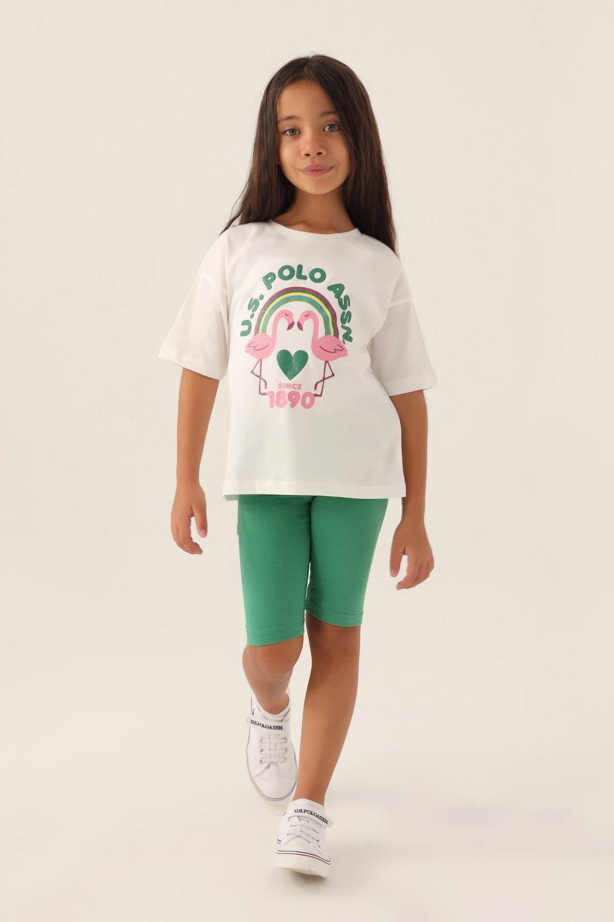 U.S. Polo Assn., Set de colanti scurti si tricou cu imprimeu, Verde, Alb, Roz, 164-170 CM