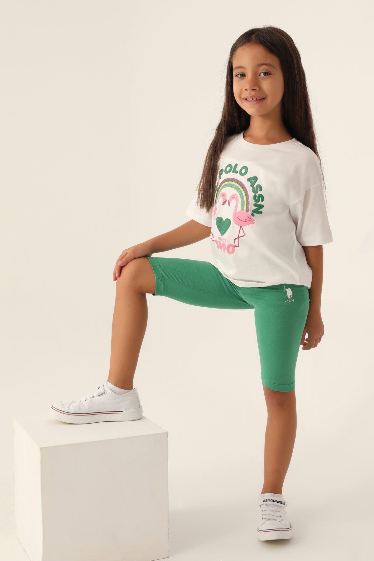 U.S. Polo Assn., Set de colanti scurti si tricou cu imprimeu, Verde, Alb, Roz, 164-170 CM