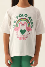 U.S. Polo Assn., Set de colanti scurti si tricou cu imprimeu, Verde, Alb, Roz, 164-170 CM
