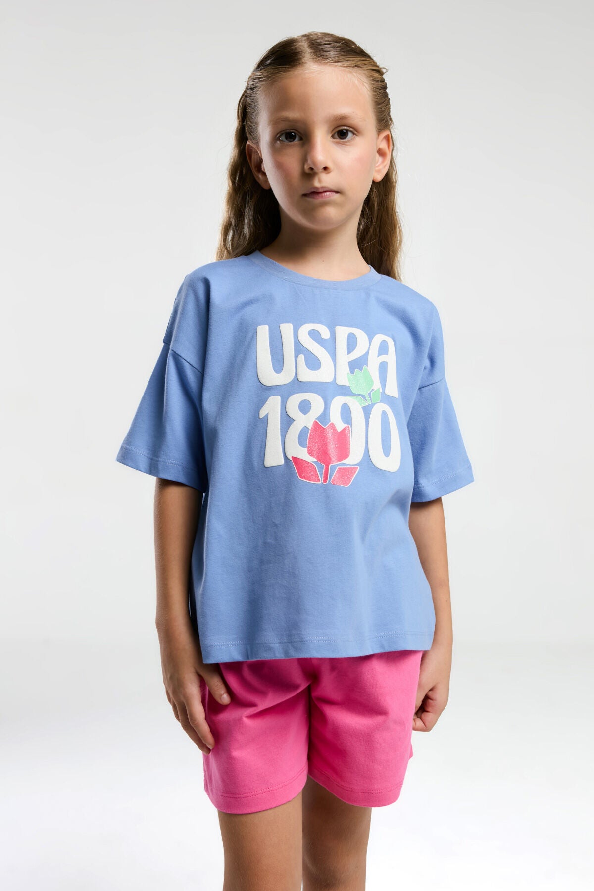 U.S. Polo Assn., Set de tricou si pantaloni scurti, Fucsia, Albastru deschis, 164-170 CM