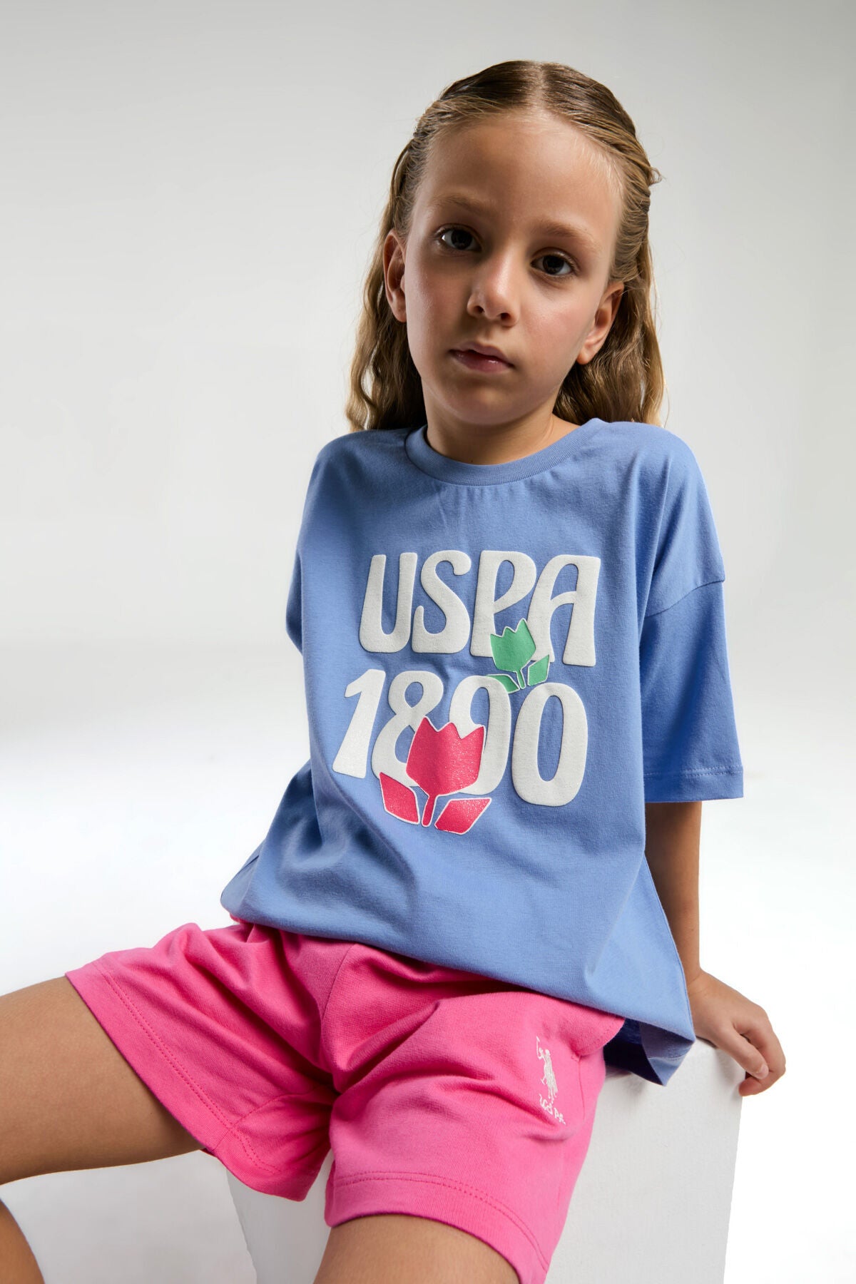 U.S. Polo Assn., Set de tricou si pantaloni scurti, Fucsia, Albastru deschis, 164-170 CM