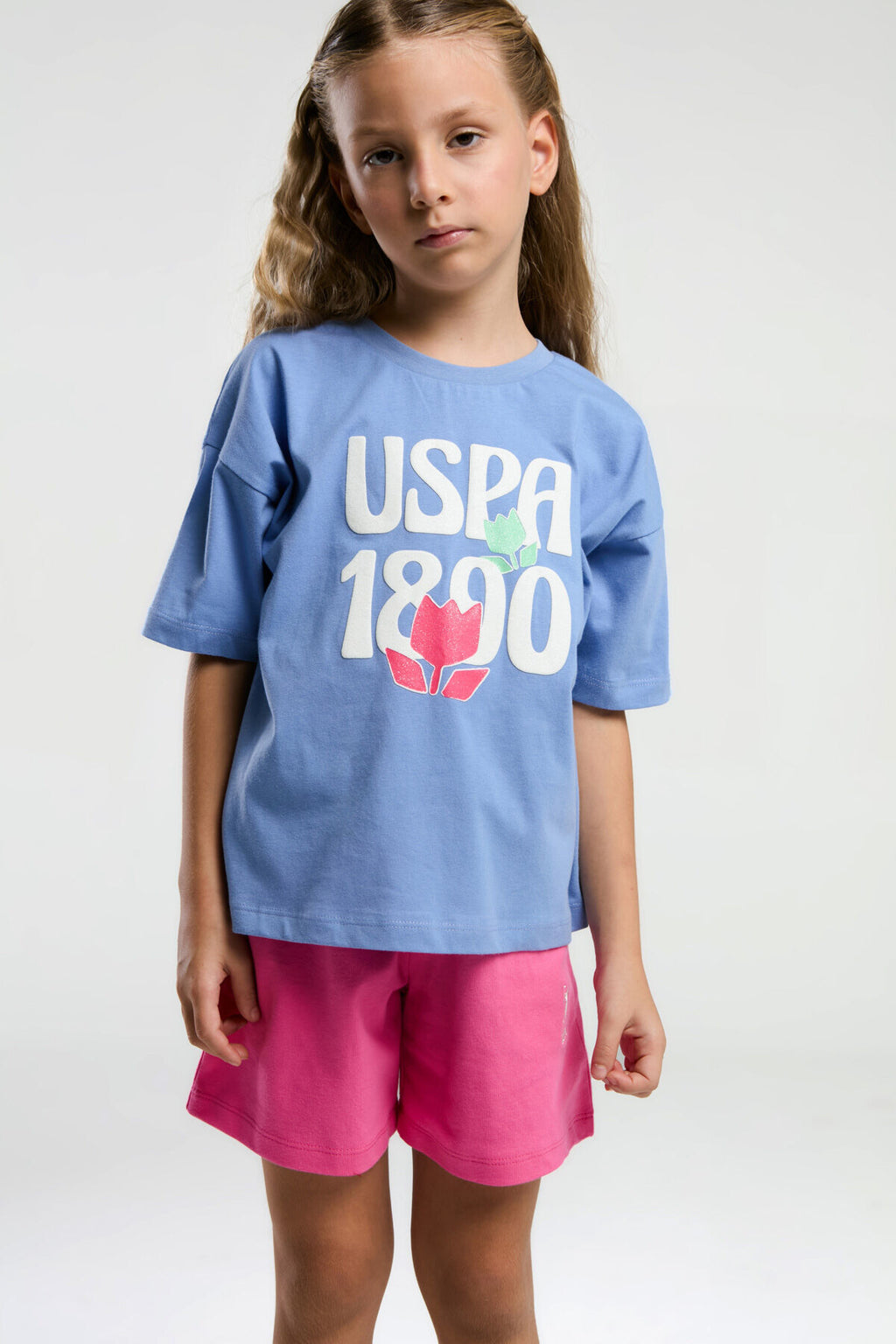 U.S. Polo Assn., Set de tricou si pantaloni scurti, Fucsia, Albastru deschis, 164-170 CM