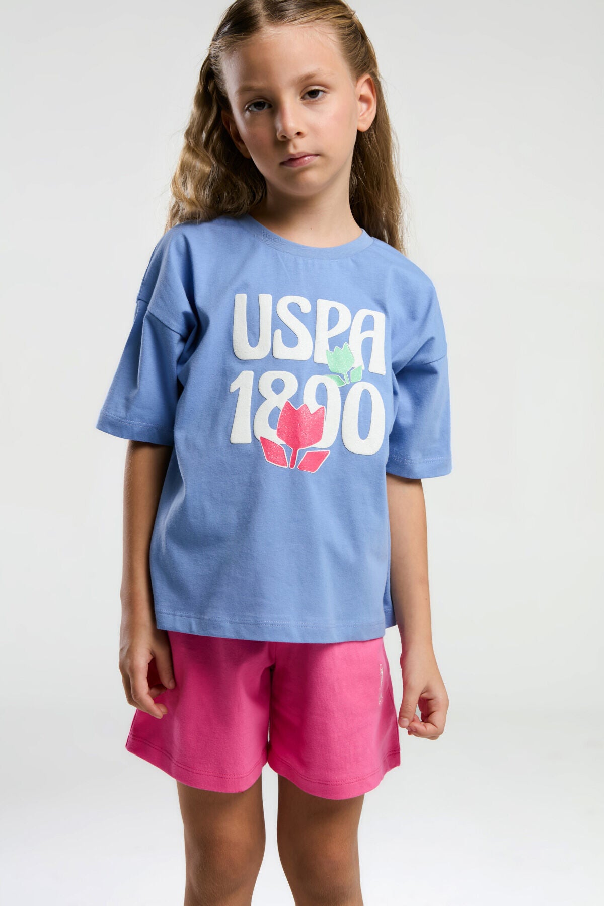 U.S. Polo Assn., Set de tricou si pantaloni scurti, Fucsia, Albastru deschis, 164-170 CM