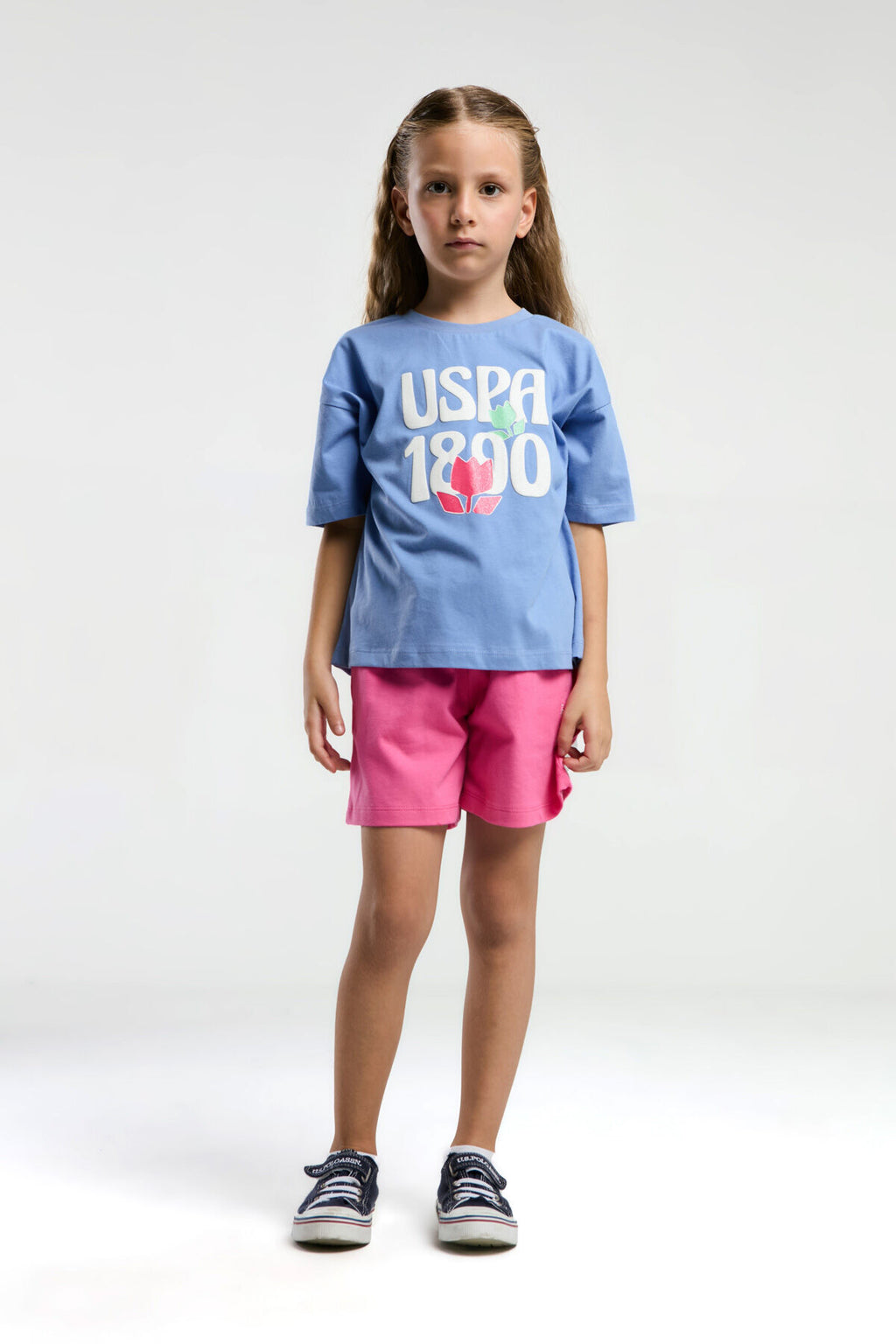 U.S. Polo Assn., Set de tricou si pantaloni scurti, Fucsia, Albastru deschis, 164-170 CM