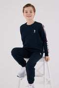 U.S. Polo Assn., Set de bluza de trening si pantaloni de trening din amestec de bumbac, Rosu, Alb optic, Bleumarin, 122-128 CM