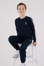 U.S. Polo Assn., Set de bluza de trening si pantaloni de trening din amestec de bumbac, Rosu, Alb optic, Bleumarin, 122-128 CM