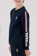 U.S. Polo Assn., Set de bluza de trening si pantaloni de trening din amestec de bumbac, Rosu, Alb optic, Bleumarin, 122-128 CM
