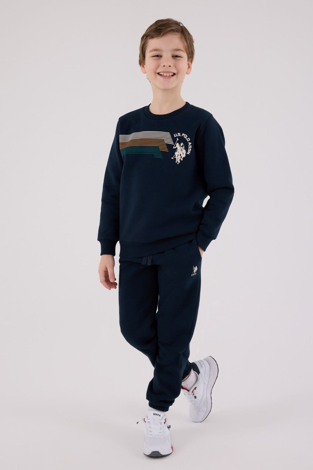 U.S. Polo Assn., Set de bluza de trening si pantaloni de trening din amestec de bumbac, Albastru ultramarin, Verde englez, Alb optic, 104-110 CM