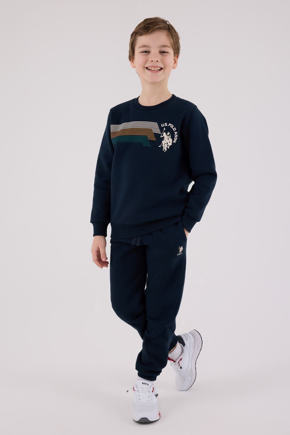U.S. Polo Assn., Set de bluza de trening si pantaloni de trening din amestec de bumbac, Albastru ultramarin, Verde englez, Alb optic, 104-110 CM