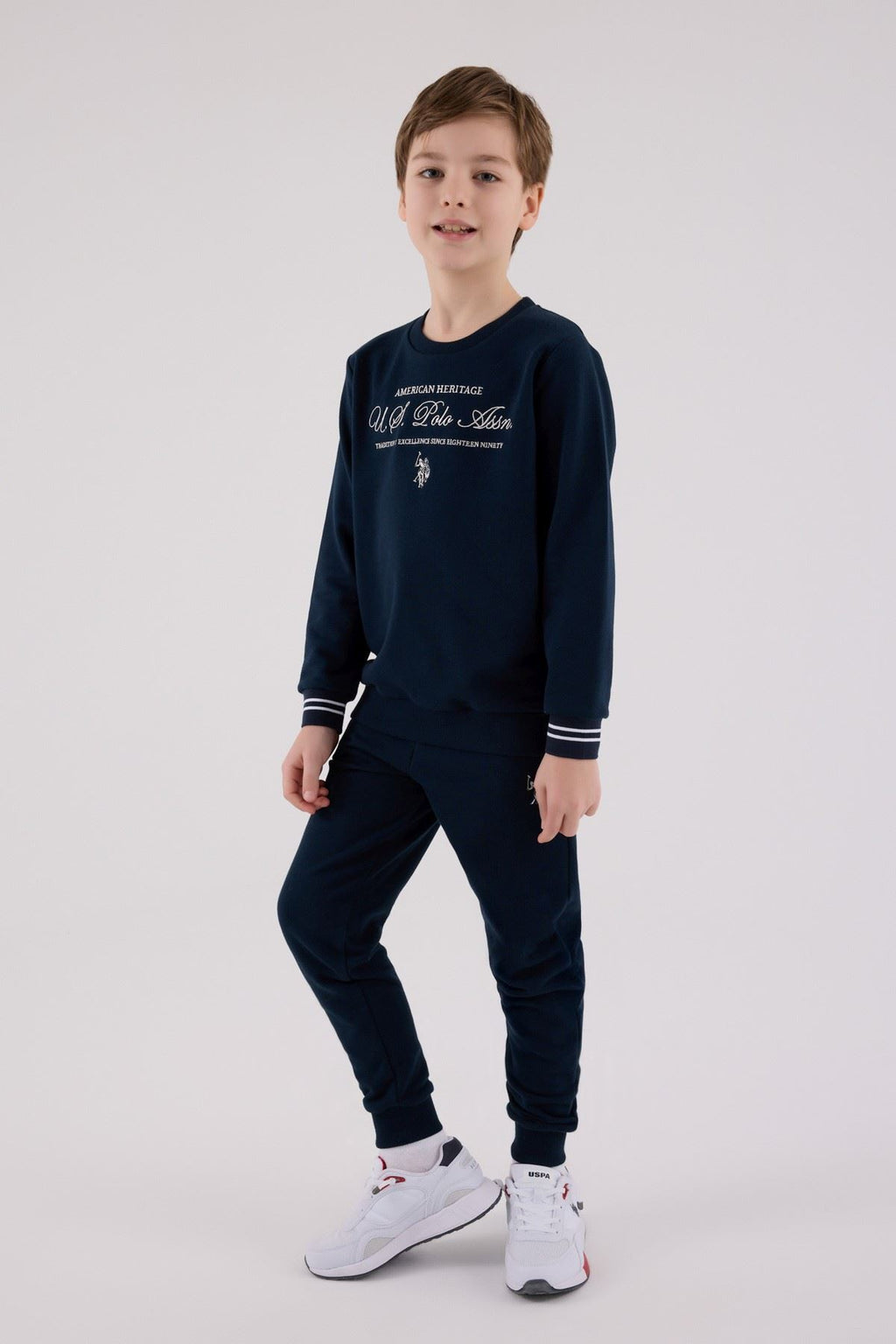 U.S. Polo Assn., Set de bluza de trening si pantaloni de trening cu logo brodat, Albastru ultramarin, Alb murdar, 164-170 CM