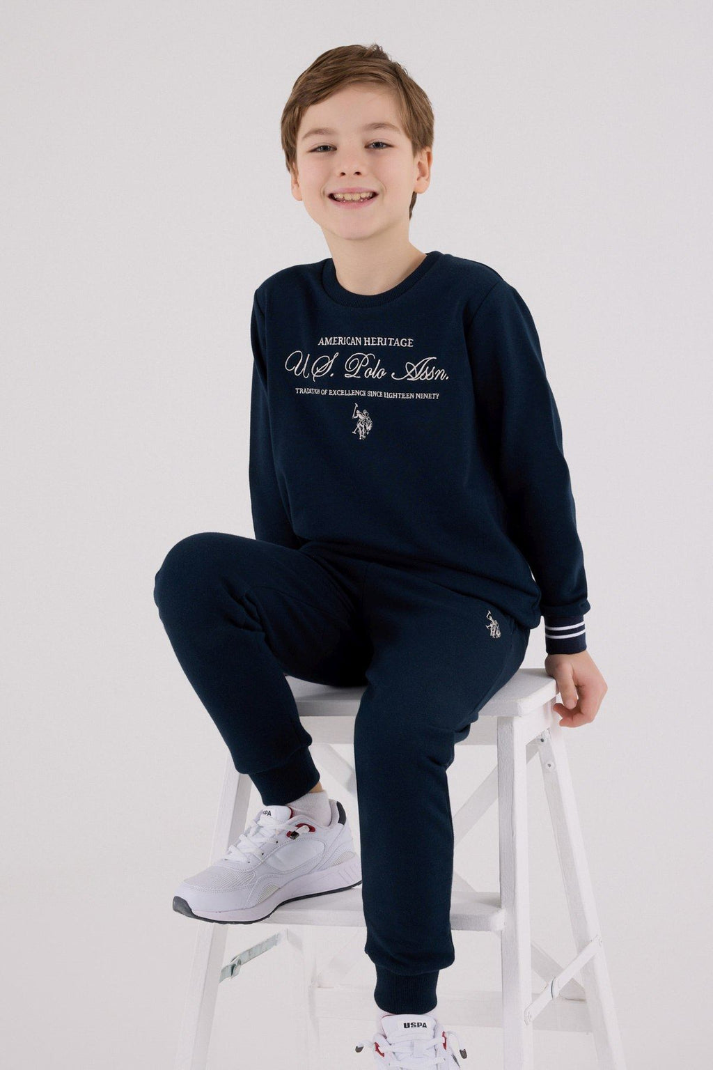 U.S. Polo Assn., Set de bluza de trening si pantaloni de trening cu logo brodat, Albastru ultramarin, Alb murdar, 164-170 CM