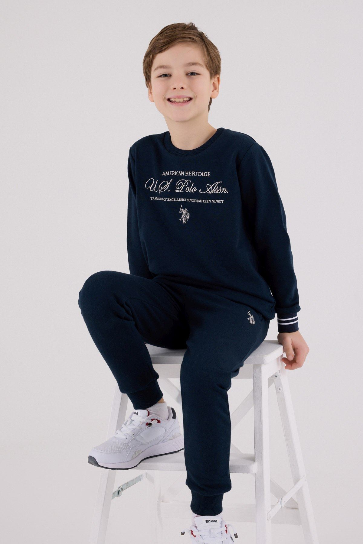 U.S. Polo Assn., Set de bluza de trening si pantaloni de trening cu logo brodat, Albastru ultramarin, Alb murdar, 164-170 CM