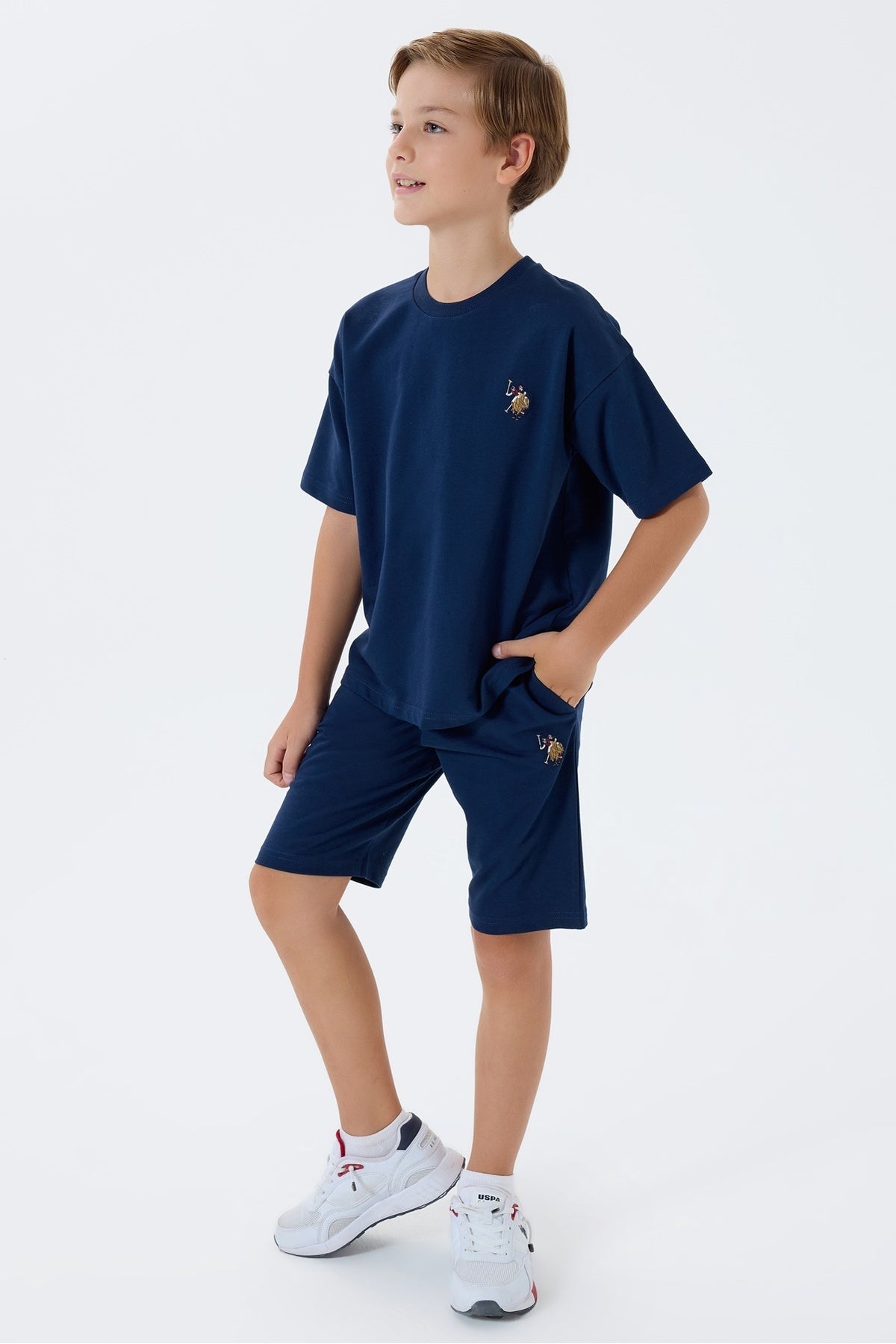 U.S. Polo Assn., Trening scurt din bumbac cu broderie logo discreta