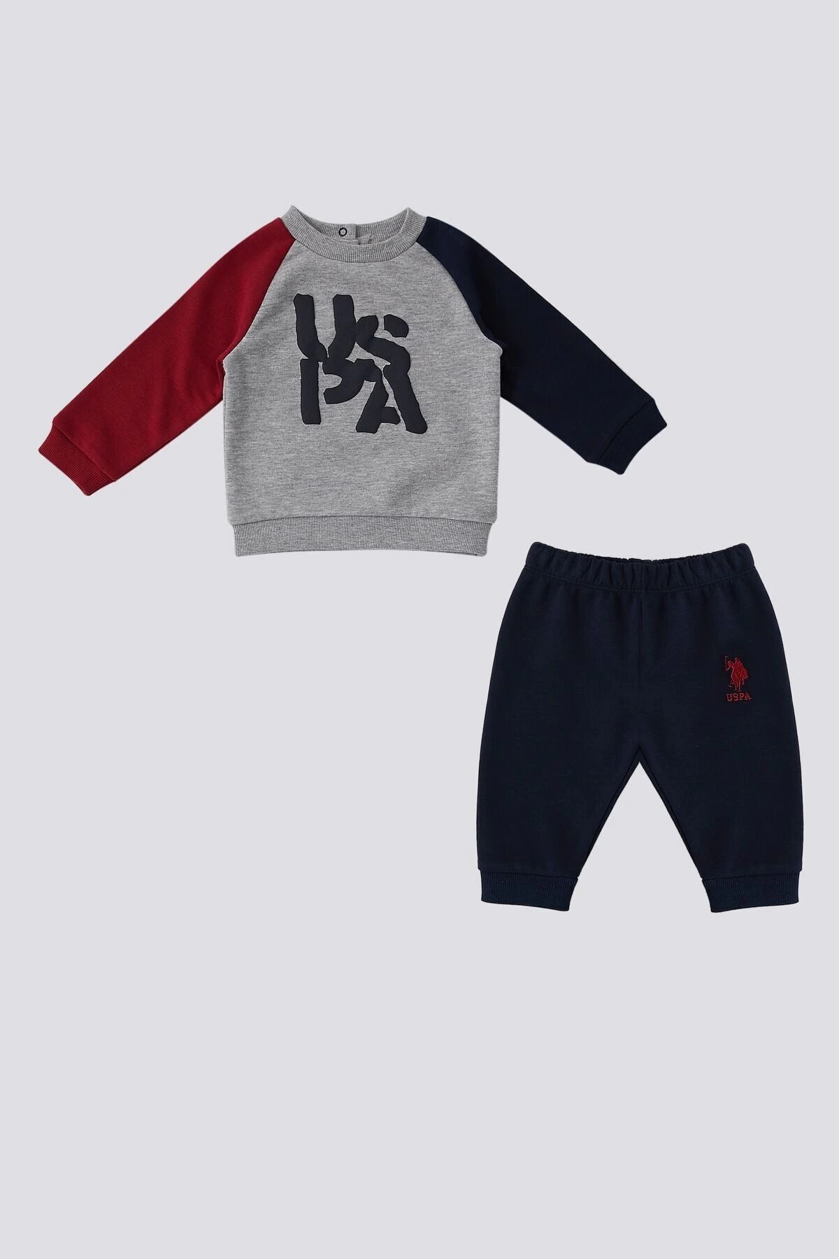 U.S. Polo Assn., Set de bluza de trening si pantaloni de trening, Albastru ultramarin, Rosu inchis, Gri melange, 86-92 CM