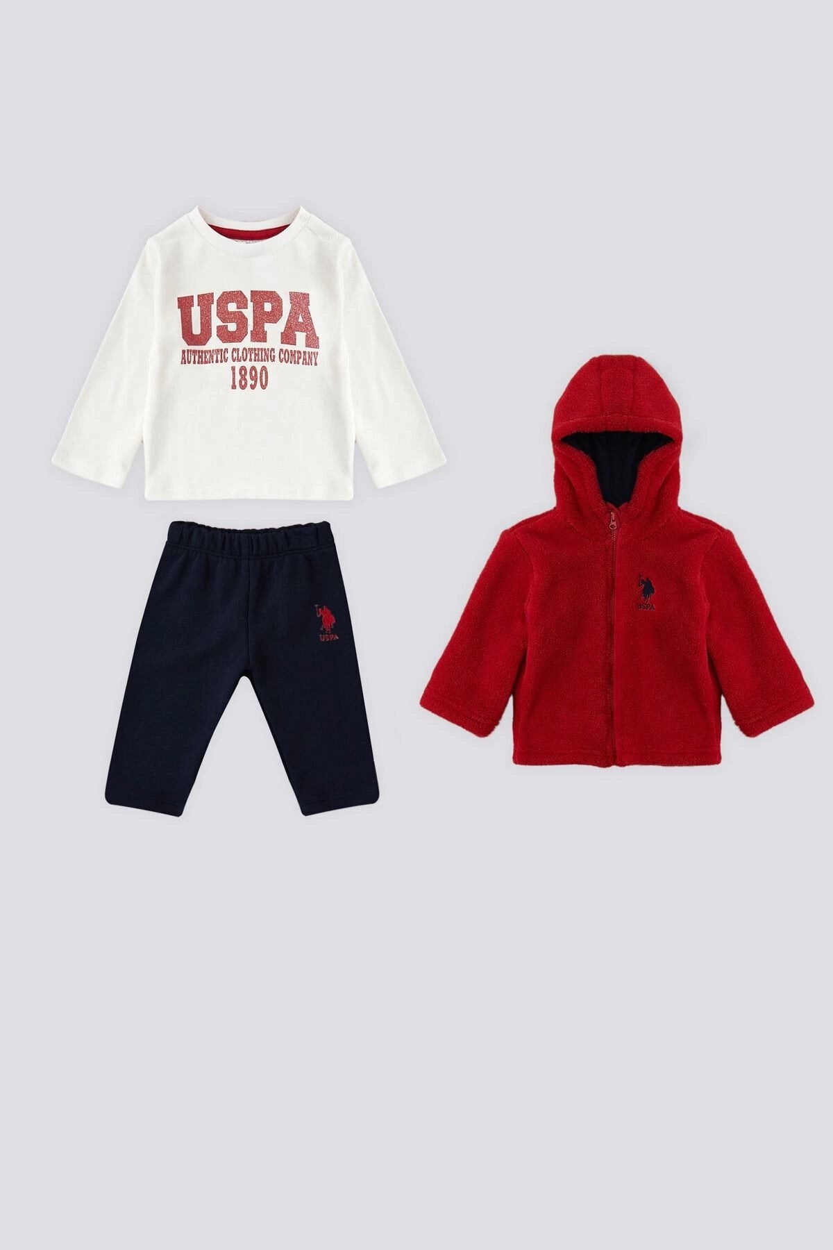 U.S. Polo Assn., Set de jacheta pufoasa, bluza si pantaloni de trening, Alb, Albastru ultramarin, Rosu inchis, 80-86 CM
