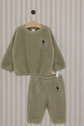 U.S. Polo Assn., Set de pantaloni si bluza sport din material teddy cu detalii logo - 2 piese, Kaki, 98-104 CM