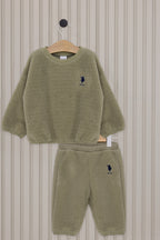 U.S. Polo Assn., Set de pantaloni si bluza sport din material teddy cu detalii logo - 2 piese, Kaki, 98-104 CM