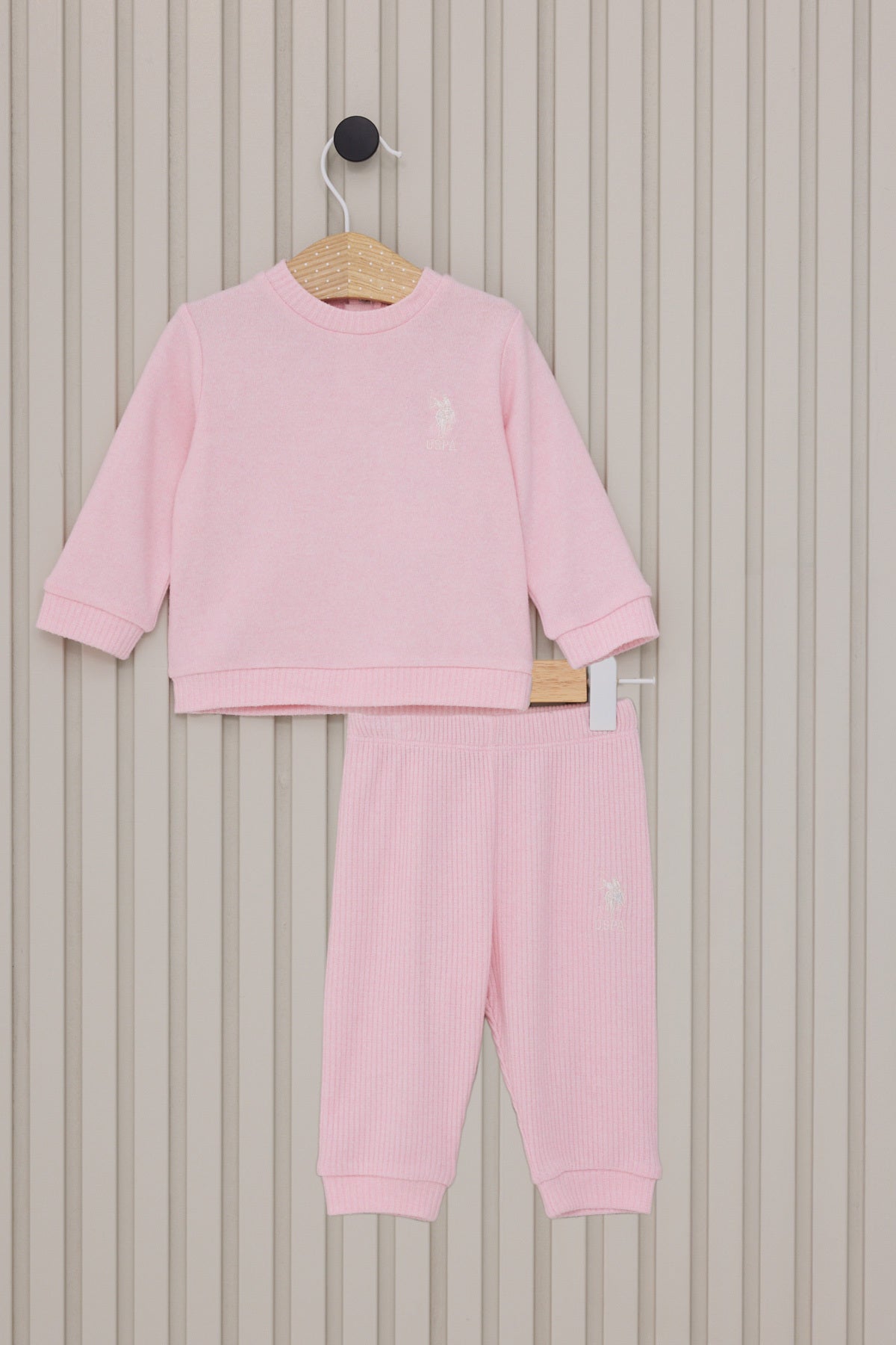 U.S. Polo Assn., Set de bluza si pantaloni din amestec de bumbac, Roz, Roz pal, 74-80 CM