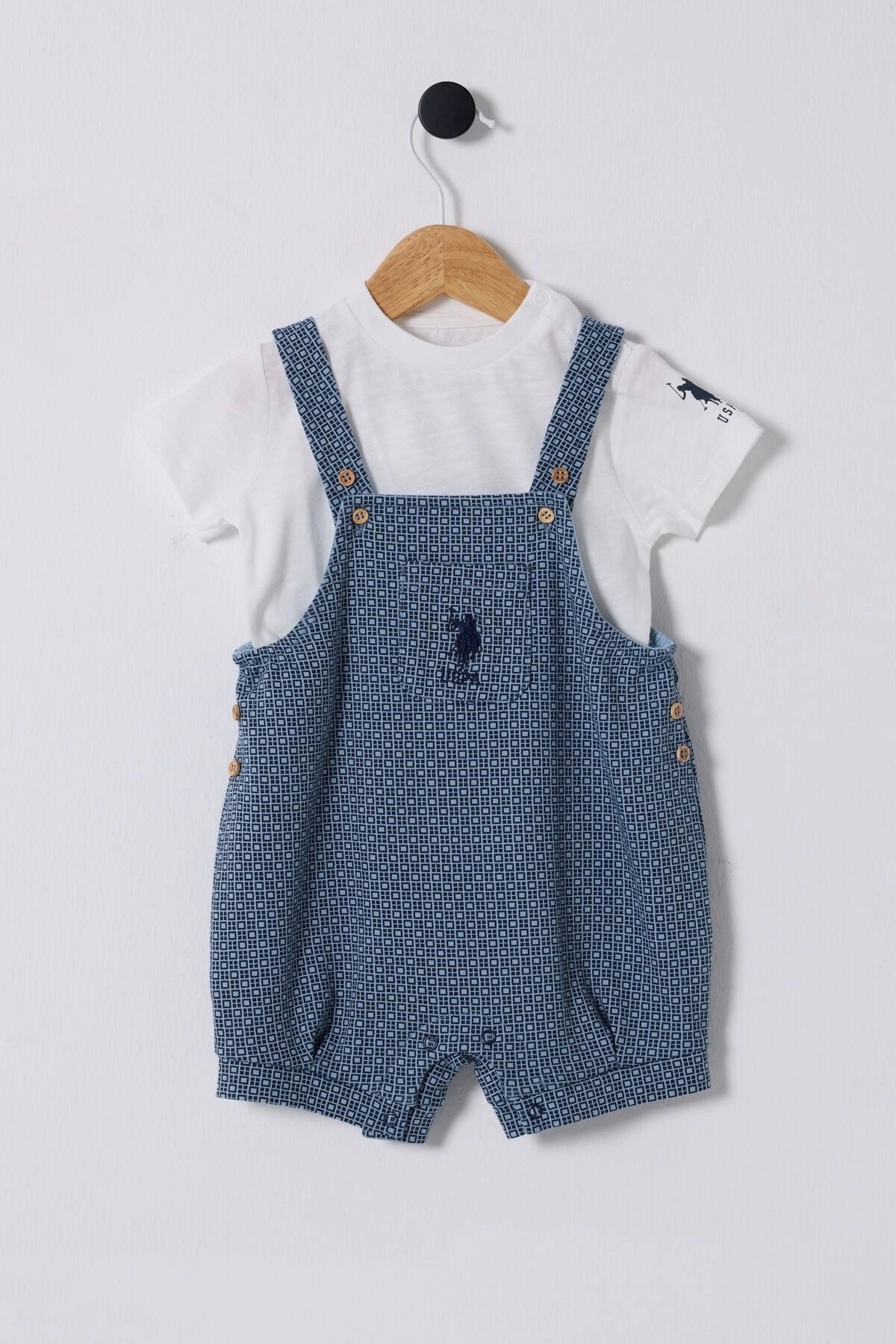 U.S. Polo Assn., Set de tricou si salopeta scurta, 2 piese, Alb, Albastru lavanda, Bleumarin, 92-98 CM