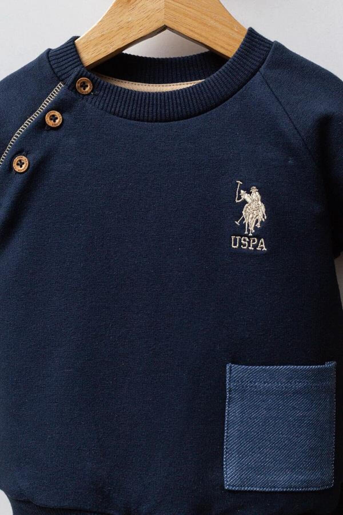 U.S. Polo Assn., Trening cu logo brodat, Bej, Bleumarin, 98 CM