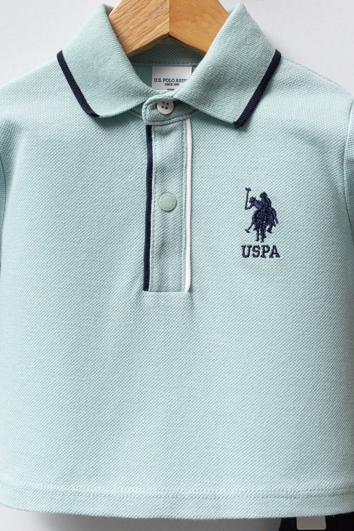U.S. Polo Assn., Set de bluza polo din bumbac si pantaloni de trening relaxed-fit - 2 piese, Verde pal, Bleumarin, 98 CM