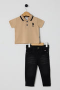 U.S. Polo Assn., Set de tricou polo si blugi - 2 Piese, Negru, Bej deschis, 74-80 CM