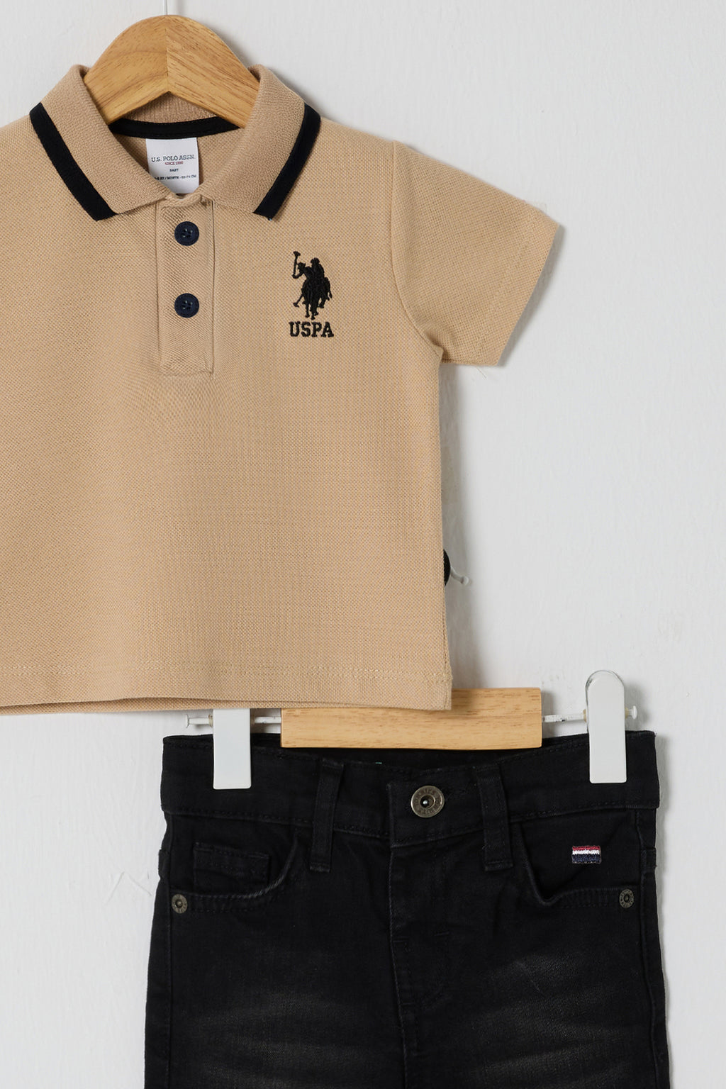U.S. Polo Assn., Set de tricou polo si blugi - 2 Piese, Negru, Bej deschis, 74-80 CM