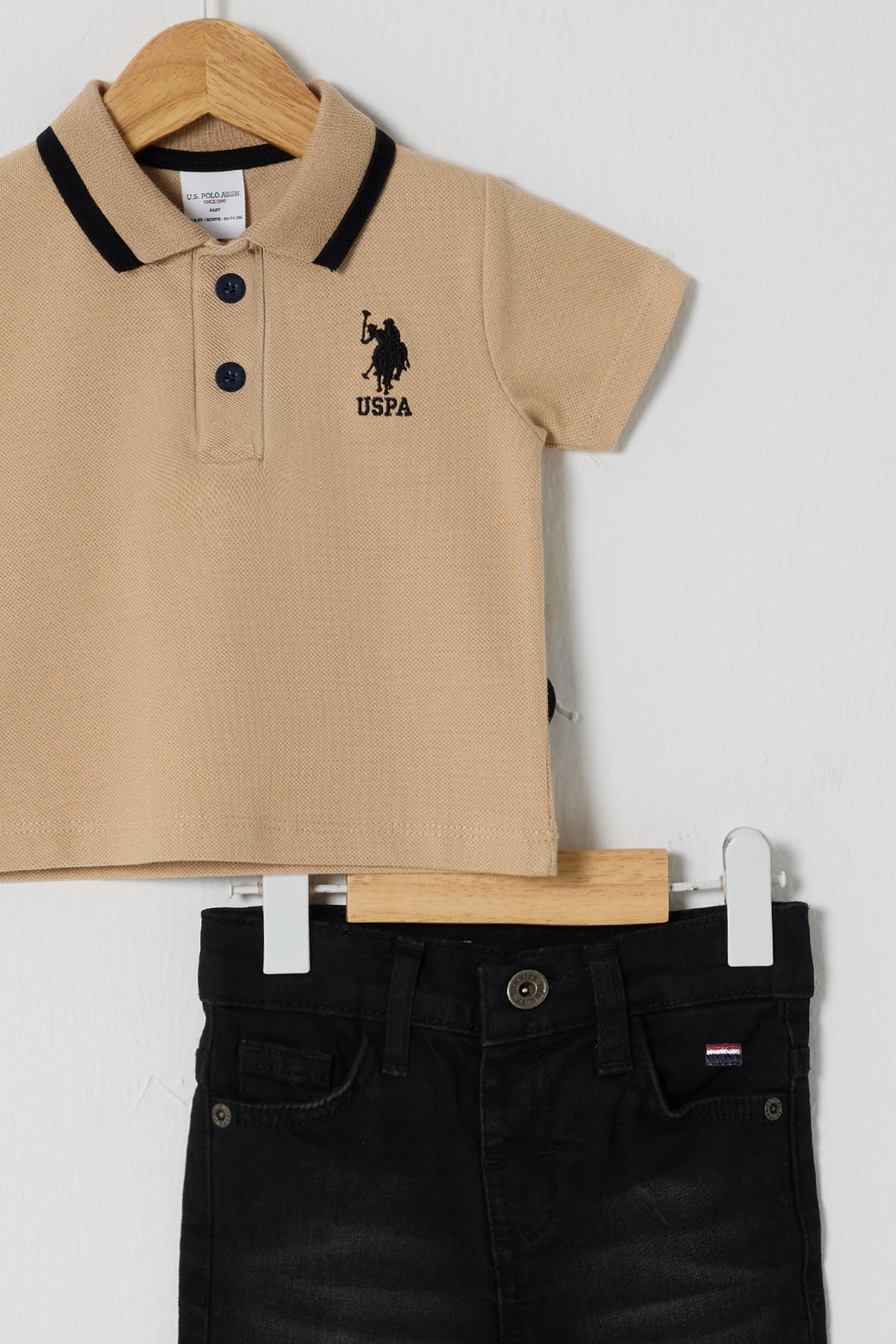 U.S. Polo Assn., Set de tricou polo si blugi - 2 Piese, Negru, Bej deschis, 74-80 CM