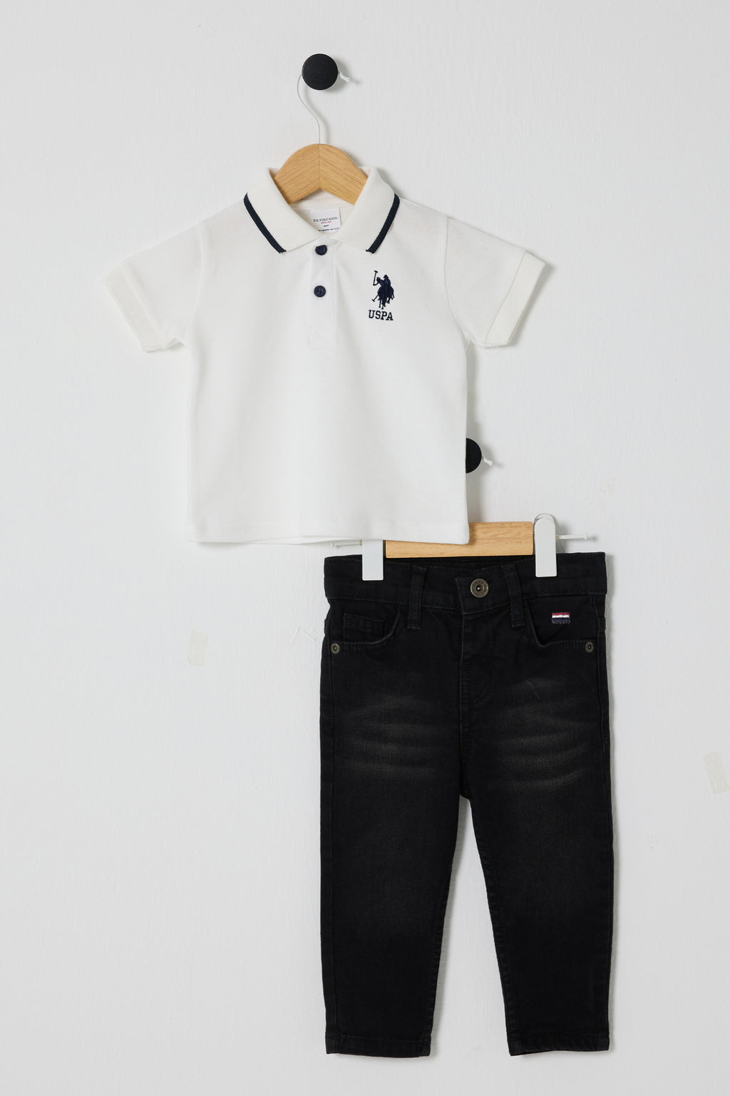 U.S. Polo Assn., Set de tricou polo si blugi - 2 Piese, Negru stins, Alb optic, 80-86 CM