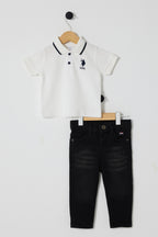 U.S. Polo Assn., Set de tricou polo si blugi - 2 Piese, Negru stins, Alb optic, 80-86 CM
