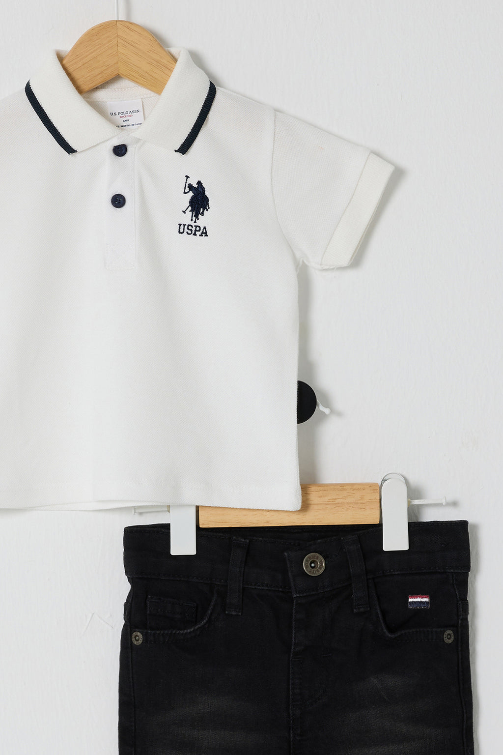 U.S. Polo Assn., Set de tricou polo si blugi - 2 Piese, Negru stins, Alb optic, 80-86 CM